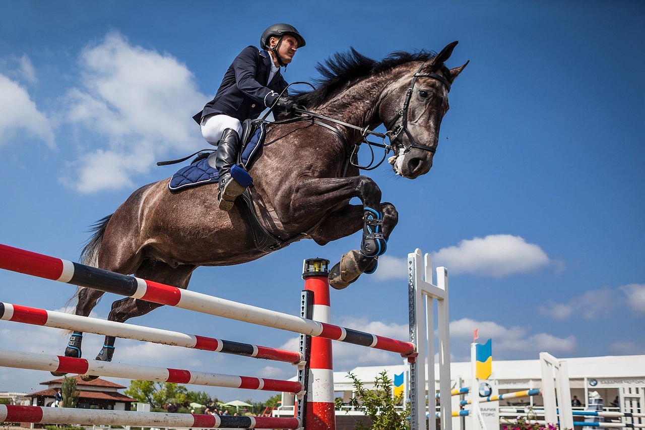 Equestrian rider clearing a jump